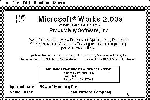 Microsoft Works 2.00a for Macintosh - About