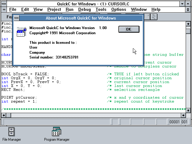 Microsoft Quick C 1.00 for Windows - About